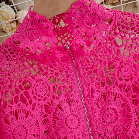 Hot Pink Elegant Women's Floral Lace Hollow Zipper Front Long Sleeve Blouse - Picture 3 of 6